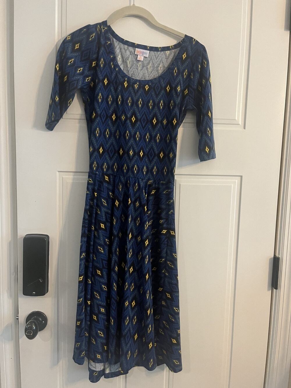 LuLaRoe Nicole Dress XS Blue Yellow Aztec Ikat Fit Flare Half Sleeve NWOT Print
